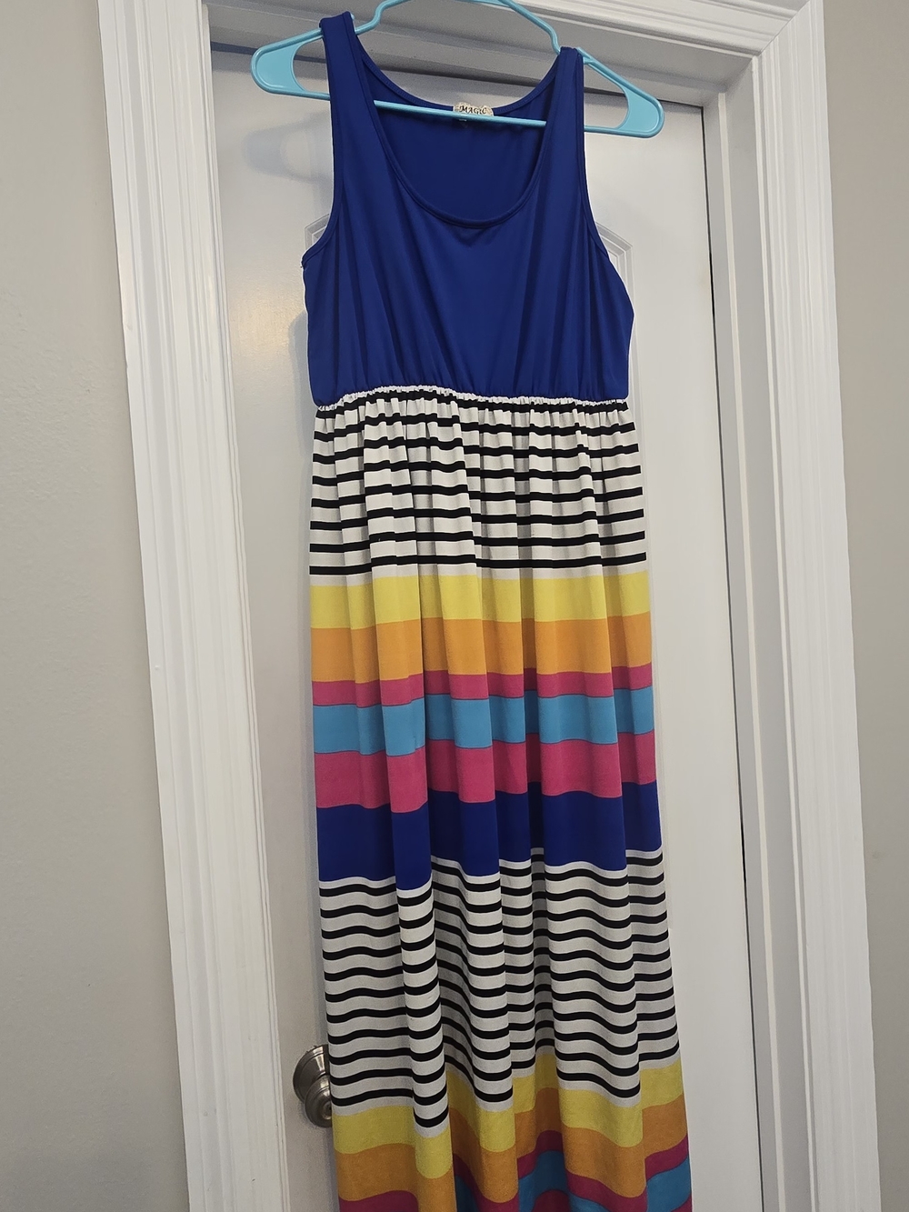 Women's Blue Tank Stripe Maxi Dress with Bright Color Bands